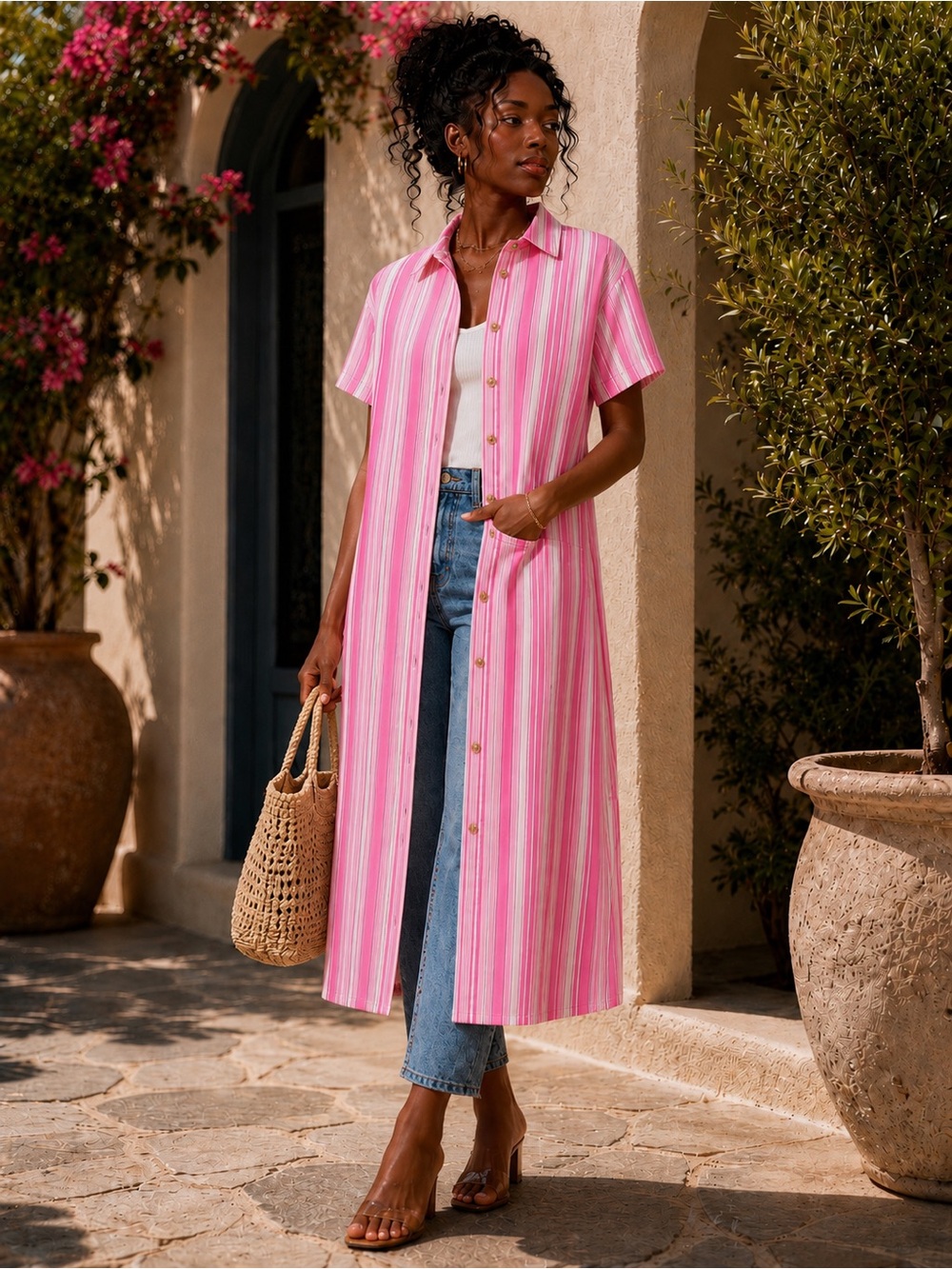 Love Pink Striped Midi Shirt Dress with Tie Waist - Picture 2 of 4